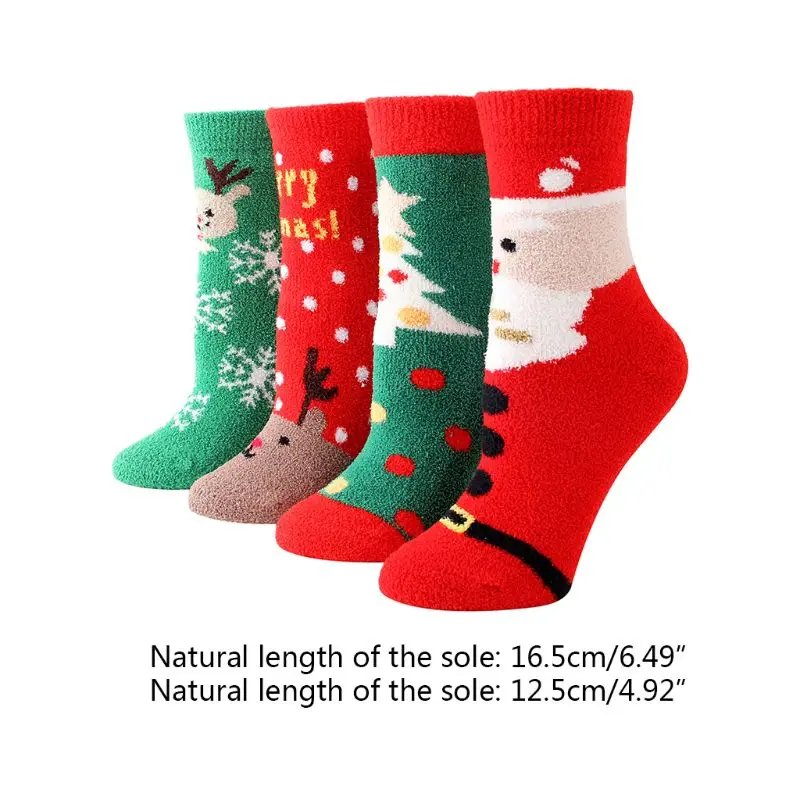 4 Pairs Women Christmas Fuzzy Crew Socks Thicken Plush Warm Slipper Hosiery Gift 95AB