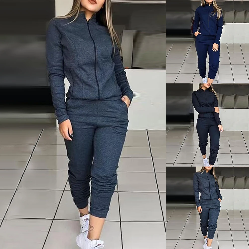 

Women Sports Tracksuit Sets 2019 Autumn Fashion 2 Piece Sportwears Sets Casual Long Sleeve Solid Jacket And Elastic Waist Pants
