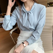 

Long Sleeve Bow Button Chiffon Blouse Office Korean Shirt Women Woman Tops 2021 Fashion New Spring Autumn Womens Blouses Clothes