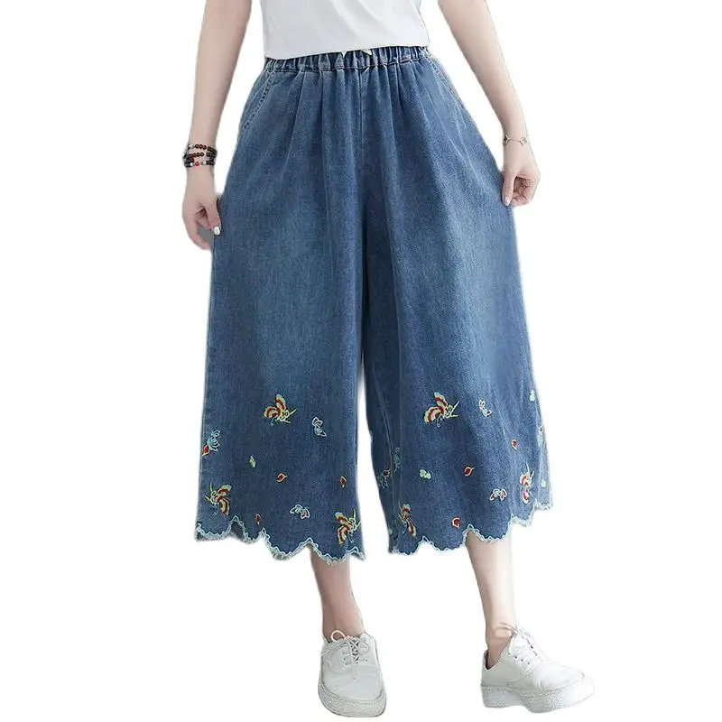 

Ladies Tight High Waist Cowboy Embroidery Wide Leg Pants Female Fashion Loose Jeans 2024 New Summer Women's Cropped Trousers