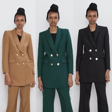 ZA Модные Винтажные повседневные сплошные блейзеры женская одежда двубортный многоцветный костюм пальто Офисная Женская одежда