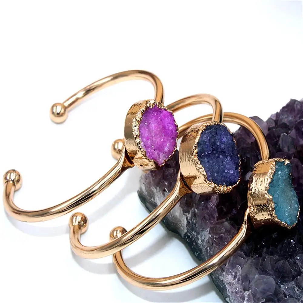 

Wholesale 6pc/lot Natural agates druzys crystal amethysts blue open bracelet bangle joker youth girls style golden plating