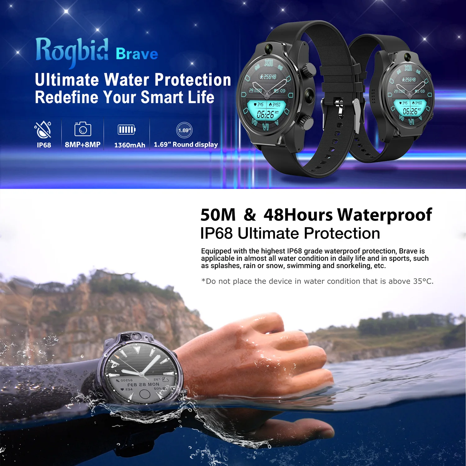 Rogbid Brave 4G LTE Smart Watch Front/Side Camera