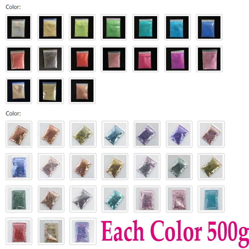 

$420 For Colors in piture Each 500g Total 20500g Nail Glitter & shipping cost of DHL (Only ship to USA)