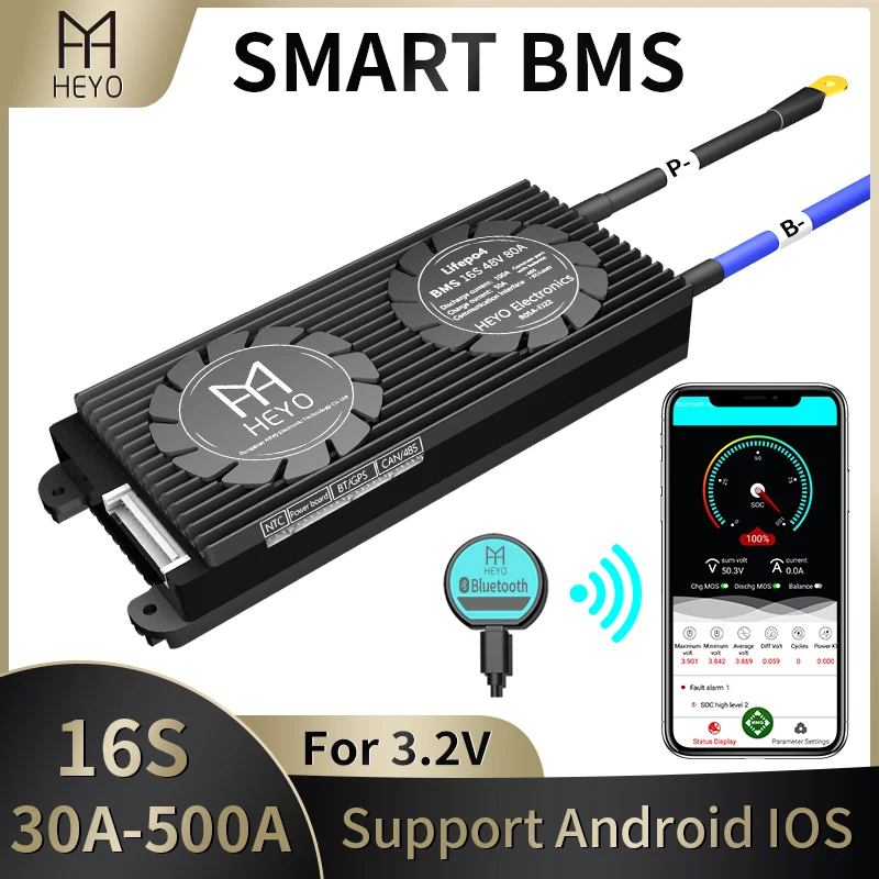 HEYO Smart BMS LiFePO4 Lipo 16S 48V 100A 120A 150A 200A 250A Bluetooth GPS приложение UART RS485 NTC Зарядка батареи e