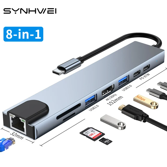 Concentrador de red USB 3,0 8 en 1 para ordenador portátil, adaptador para PC, carga PD, 8 puertos, estación de acoplamiento, RJ45, HDMI, tarjeta TF/SD, divisor tipo C para Notebook 1