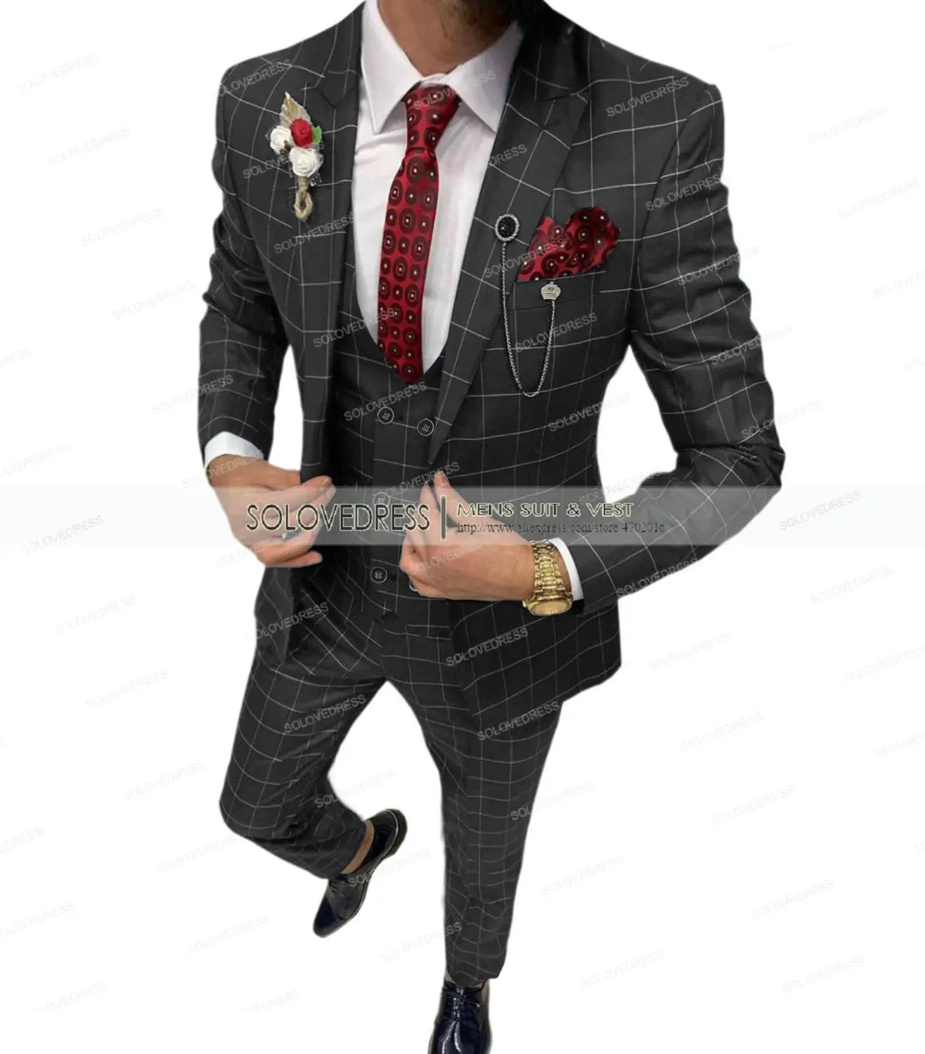Royal Blue Casual Men's Suit Slim Fit Type 3 Pieces Double Breasted Breathable TR Plaid Thin Prom Dress Jacket Party Travel