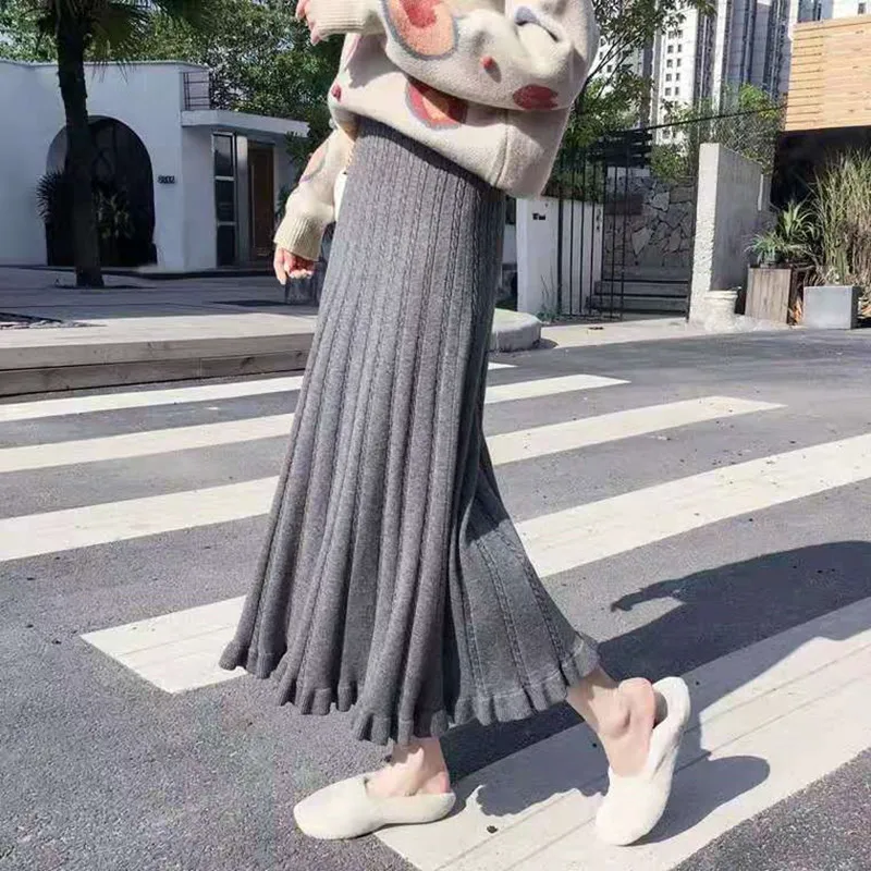 Новая Корейская версия длинной юбки вязаная юбка осенняя и зимняя длинная юбка с маленькими деревянными ушками - Цвет: Серый