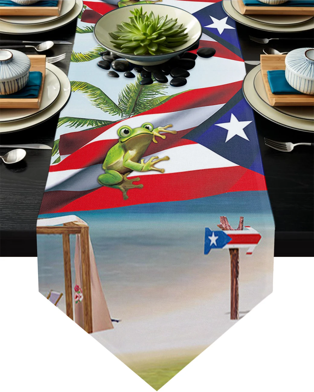 Abstract Beach Blue Sky Back Washable Dresser Scarves Table Mats for Dinning Table Kitchen Party Home Decor Table Runner with Set of 4 Hibiscus Frog on Puerto Rico Flag Truck Placemats 
