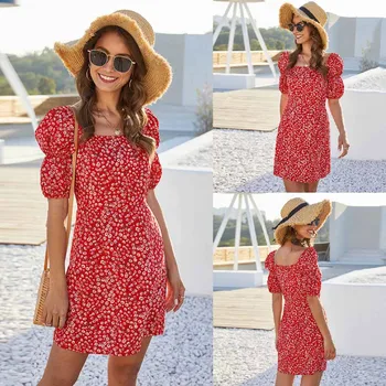 

bohemian Women's mini dress летнее платье женское Slash-Collar Bow Short Sleeve Printing Bow Party Slim beach Mini Dress