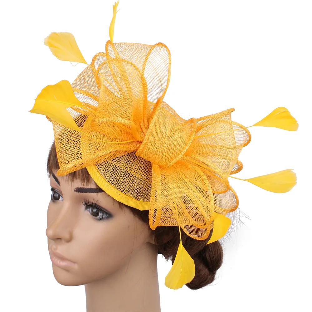 Цвет: желтый Вуалетки sinamay база с пером темно-синий millinery sinamay петли для свадебного коктейля Шляпы перо tocados sombreros bodas 17 цветов - Цвет: Цвет: желтый