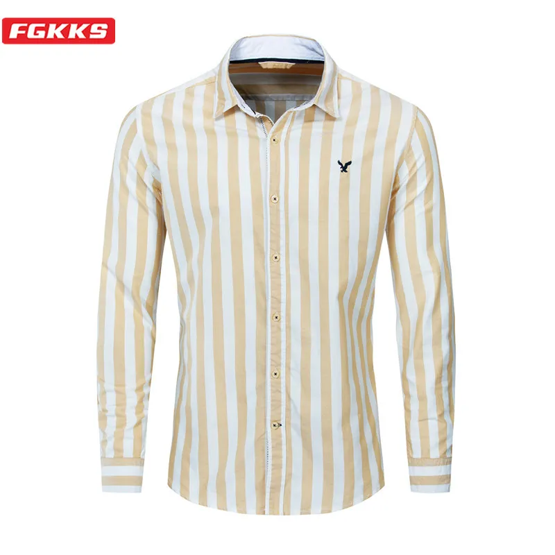 

FGKKS Spring New Men Stripe Shirt EU Size Fashion Brand Men's Comfortable Wild Shirt Cotton Casual Shirts Male