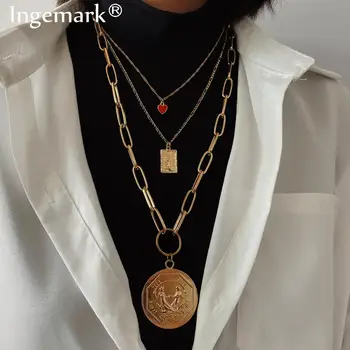 

Ingemark Bohemian Big Portrait Coin Pendant Choker Necklace for Women Punk Curb Cuban Vintage Love Heart Chain Necklace Jewelry