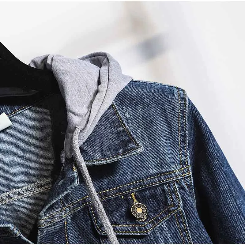 Greatest Plus Size Vintage Ripped Hole Hooded Bomber Denim Jackets 3Xl 5Xl Women Removable Grey Hood Hoodie