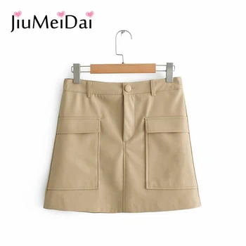 

JiuMeiDai New Spring PU Leather Women's Khaki High Quality Shorts Ladies Big Pockets Loose Casual Sexy Short Pants For Women