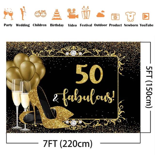 Happy 50th birthday fabulous backdrop High heels Champagne Gold Glitter Photo Background Studio fifty birthday party decorations 2