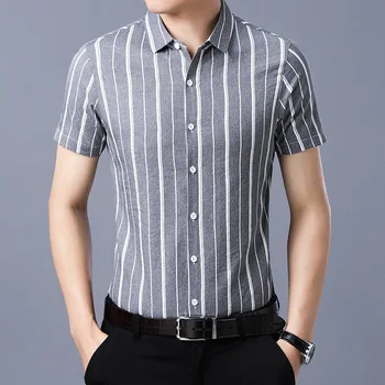 

In the summer of 2019 the new men's young and middle-aged man half sleeve thin striped shirt collar cultivate one's morality men