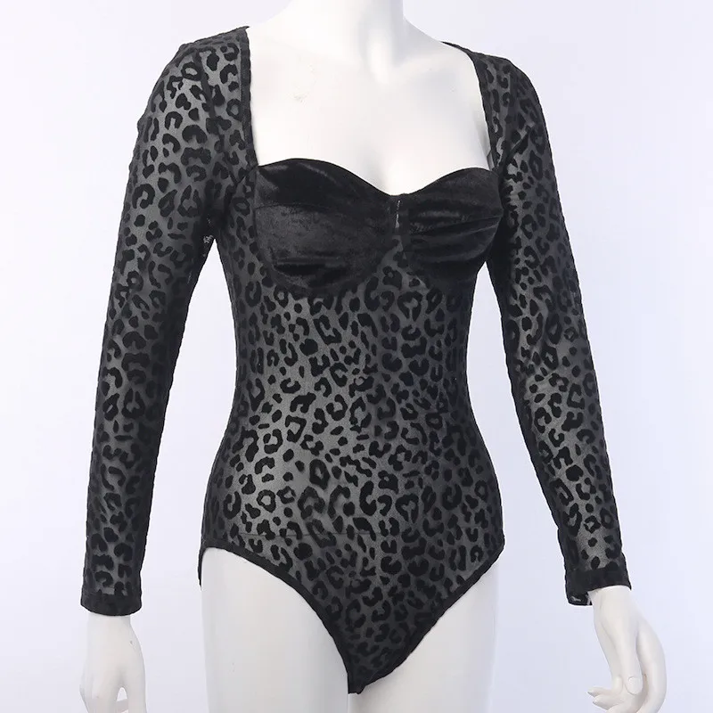 long sleeve bodysuit Nadafair Mesh Leopard Mesh Bodysuit Black Sexy Bodysuit For Women Square Collar Long Sleeve Bodysuits One Piece Body Female 2019 white lace bodysuit