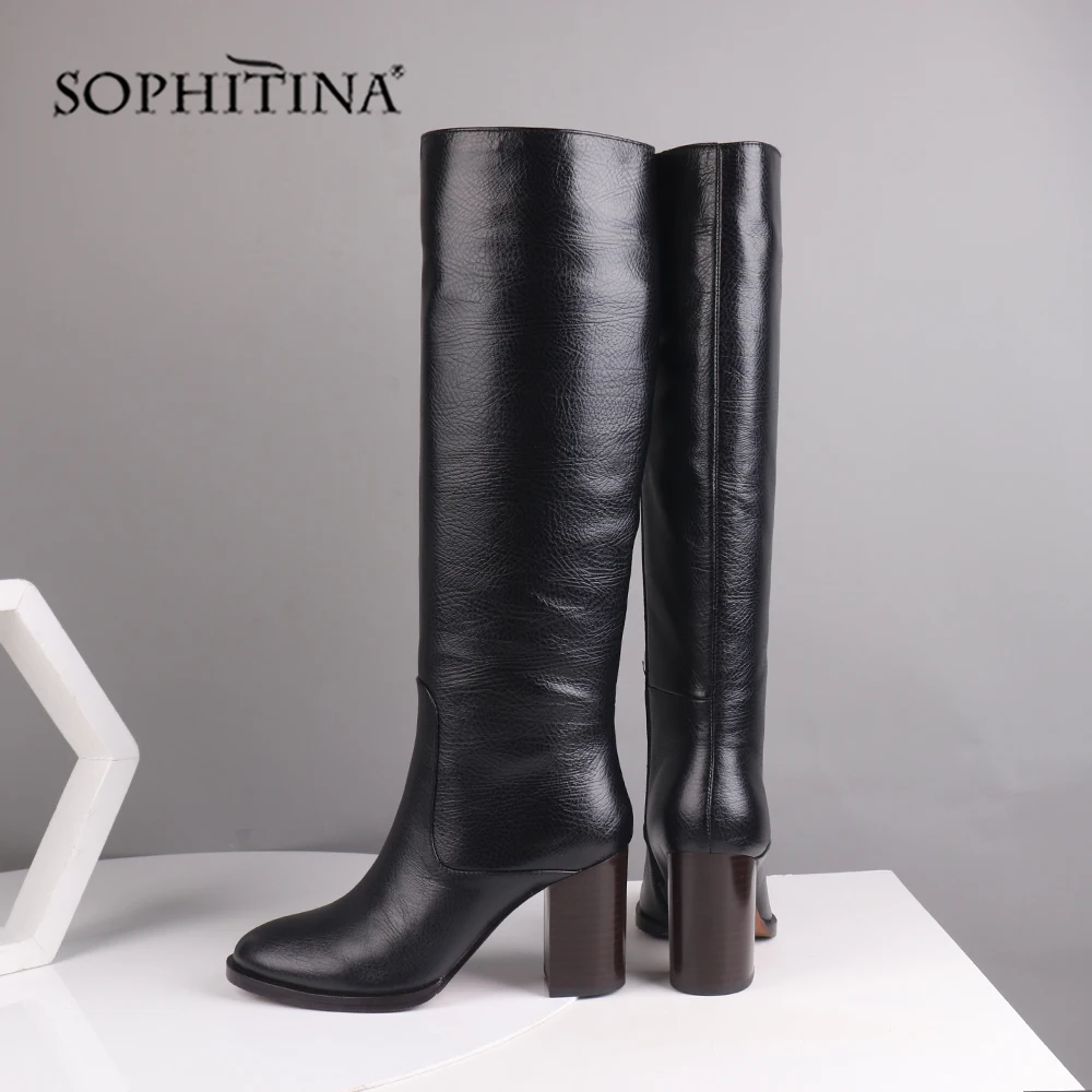 SOPHITINA/модные однотонные ботинки; удобные теплые ботинки из натуральной кожи с круглым носком на квадратном каблуке; женские сапоги до колена; SC217