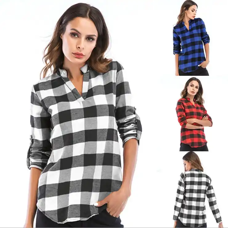 赤チェック柄シャツ 女性ブラウス長袖ターンダウン襟オフィスシャツレディースs 2xlトップス Blouses Shirts Aliexpress