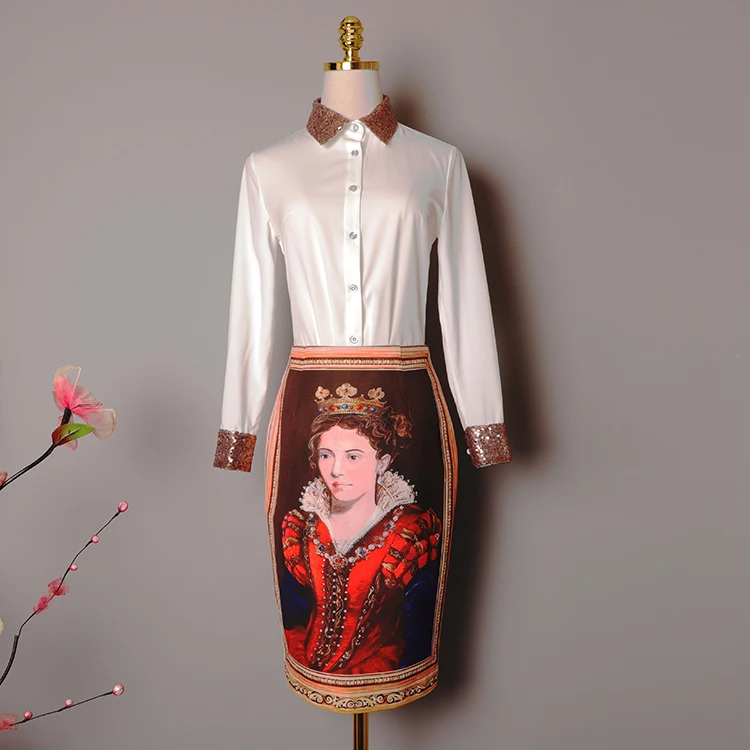 AELESEEN Ruwnay, модные новые осенние комплекты, Женская белая юбка с длинным рукавом и блестками+ тонкая юбка принцессы с принтом, роскошная офисная юбка