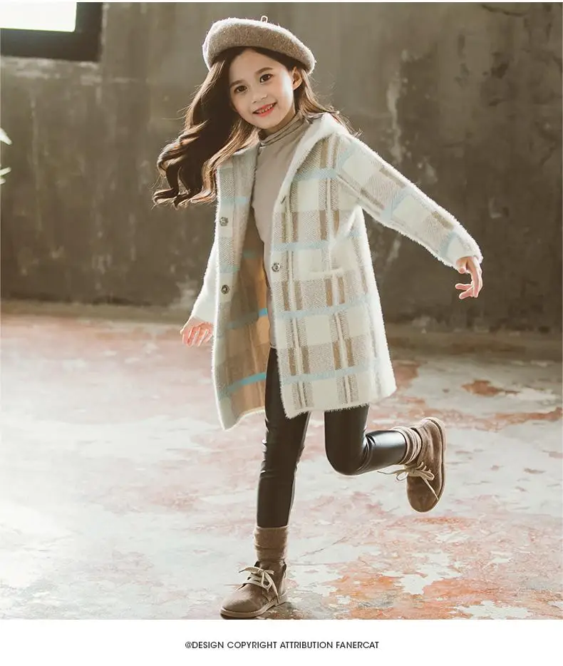 Autumn Winter New Kids Girls Long Sleeve Hoodie Clothing Children Girls Warm Woolen Jacket Teen Plaid Wool Coat Outwear K53
