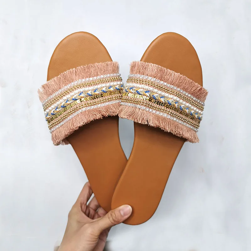 Модные женские тапочки с бахромой Большие размеры Женские шлепанцы на плоской