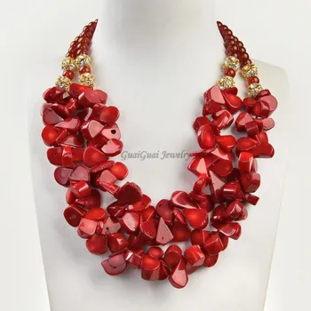 

GuaiGuai Jewelry 20" 2 Strands Red Coral Agate Statement Necklace