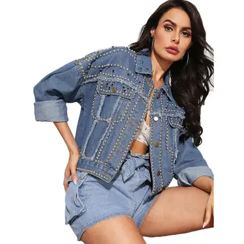 

Women Harajuku Denim Coat Beaded Rivets Short Jeans Jackets Spring Autumn Casual Loose Single Breasted Tops Outwear Streetwear