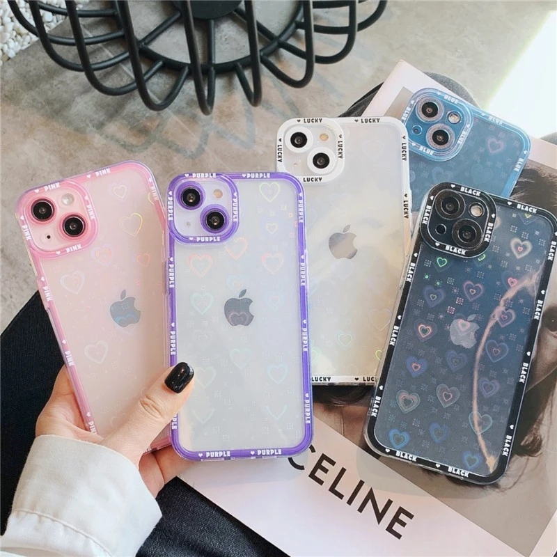 Cute Clear Letter Color Border Laser Love Female Soft Case For Iphone 11 12 13 Pro Max 7 8 Plus Xr X Xs Se 2 Iphone Cover Fundas Phone Case Covers Aliexpress