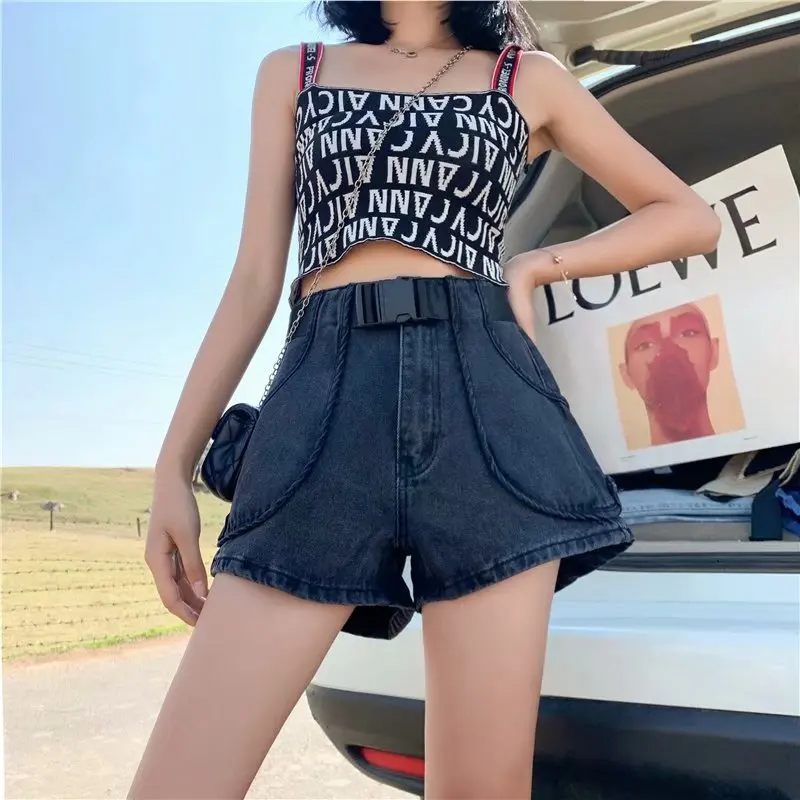 

Retro denim shorts female 2020 summer large size fat mm high waist was thin bf loose wide legs a word hot pants
