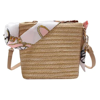 

Summer Women Durable Weave Straw Beach Bags Feminine Woven Bucket Bag Grass Casual Silk Riband Handbags Knitting Rattan Bags