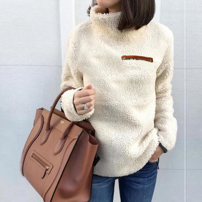 

Autumn Winter Clothes Women Turtleneck Sweater Fluffy Fleece Warm Pullover Fashion Autumn Long Sleeve Jumpers Zipper Pocket 2019