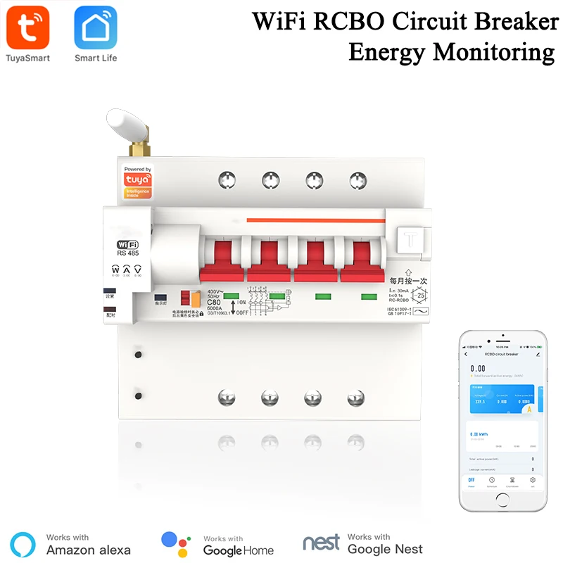 US $110.00 Tuya Smart Life APP RCBO Circuit Breaker With Power Monitoring 4P WiFi RCBO MCB Leakage Current Short Circuit Protection Alexa