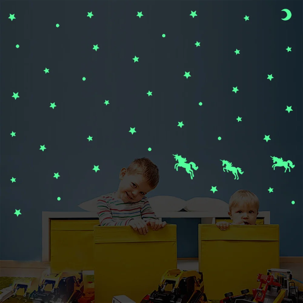 Autocollant Mural lumineux dessin animé licorne étoiles lune pour