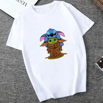 

Showtly 2019 STAR WARS Lilo & Stitch Men/Women New Funny Tiny Yoda Printed T-shirt Lady Fantastic Mandalorian Design Tops