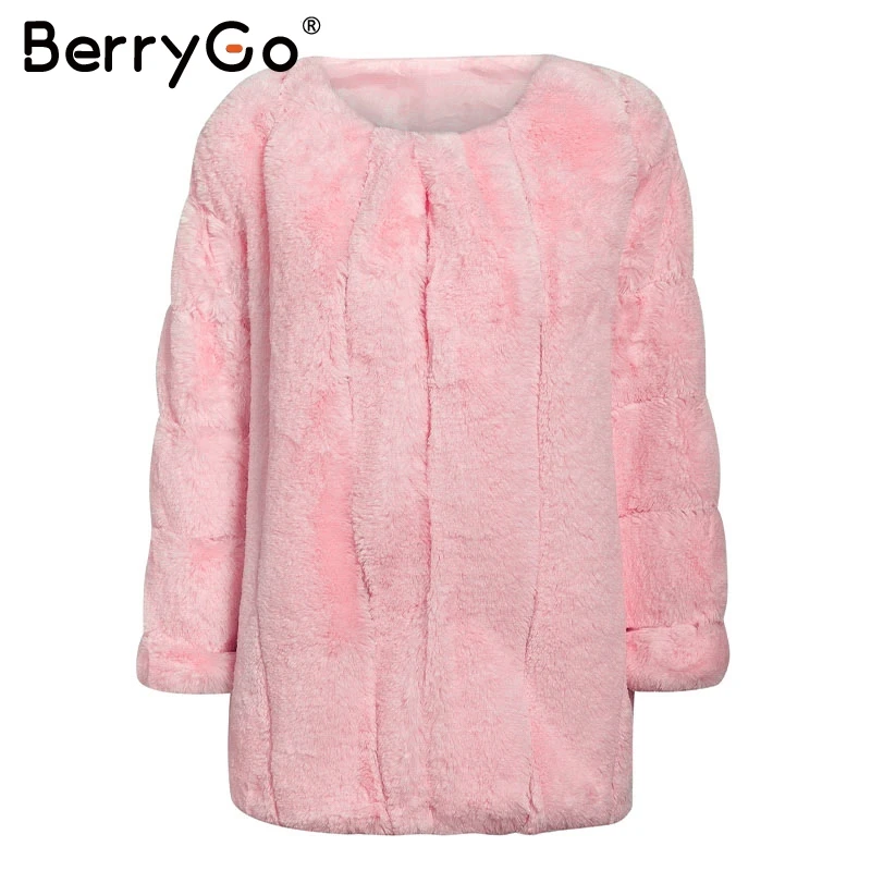 Розовый BerryGo модное толстое пальто из искусственного меха для женщин, уличная одежда размера плюс 5XL, женская меховая куртка, роскошная Осенняя зимняя женская теплая верхняя одежда - Цвет: Розовый