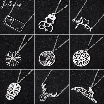 

Jisensp Vintage Stainless Steel Jewelry Necklace Women Fashion Jewelry Choker Skull Stethoscope Deer Necklaces New Year Collier