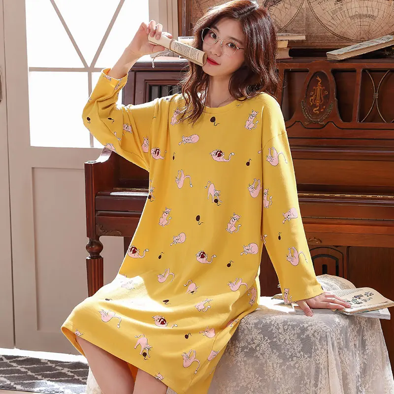 Осенние ночные рубашки размера плюс, женская ночная рубашка из вязаного хлопка с длинным рукавом, Мультяшные пижамы, женская ночная рубашка