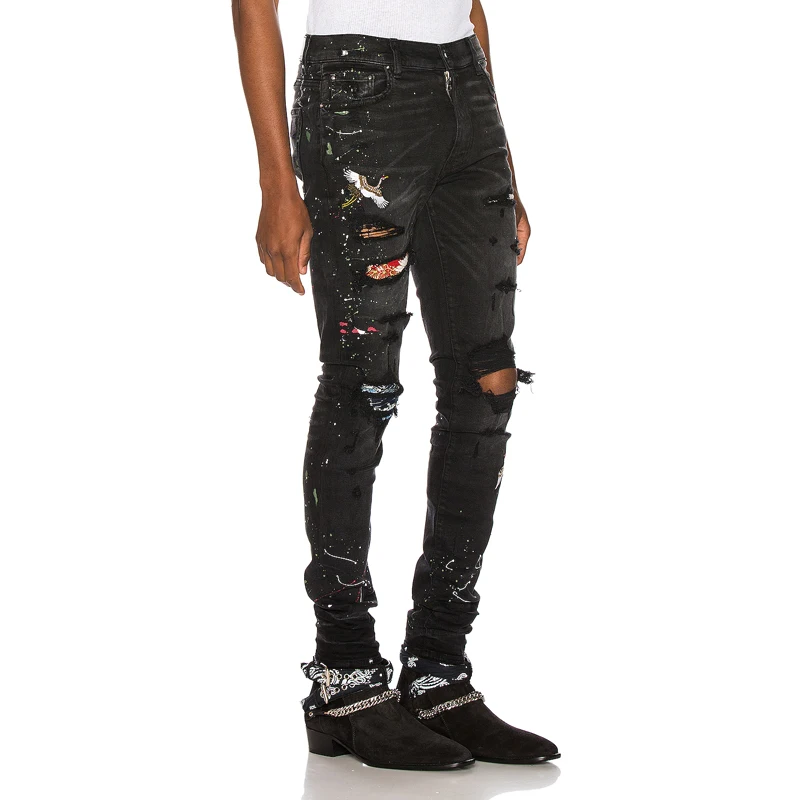 Fashion Streetwear Men Jeans Destroyed Ripped Jeans Men Elastic Punk Pants Paint Embroidery Designer Hip Hop Skinny Jeans Homme