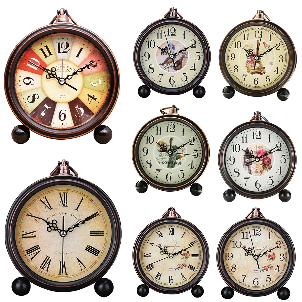 Modern Retro Alarm Clock European Style Round Desktop Office Vintage Glass Lens Decorative Quartz Battery Operated For Home
