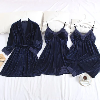 Fiklyc нижнее белье зимний теплый стиль бархатные пижамы наборы из четырех частей сексуальные полосатые женские длинные штаны пижамные комплекты ночные рубашки Горячая Распродажа - Цвет: blue set