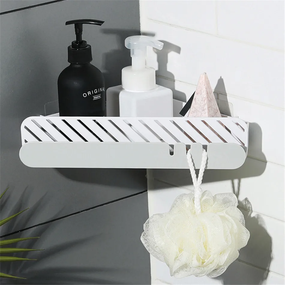 Triangle Self Adhesive Shelf with Drain Rack Hook for Kitchen Bathroom Bottle Sundries Toiletries Triangle Self Adhesive Shelf