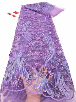 

African Net Lace Fabric High Quality purple French Nigerian Mesh Sequins Lace Fabrics For Wedding Dress Sewing FDF87