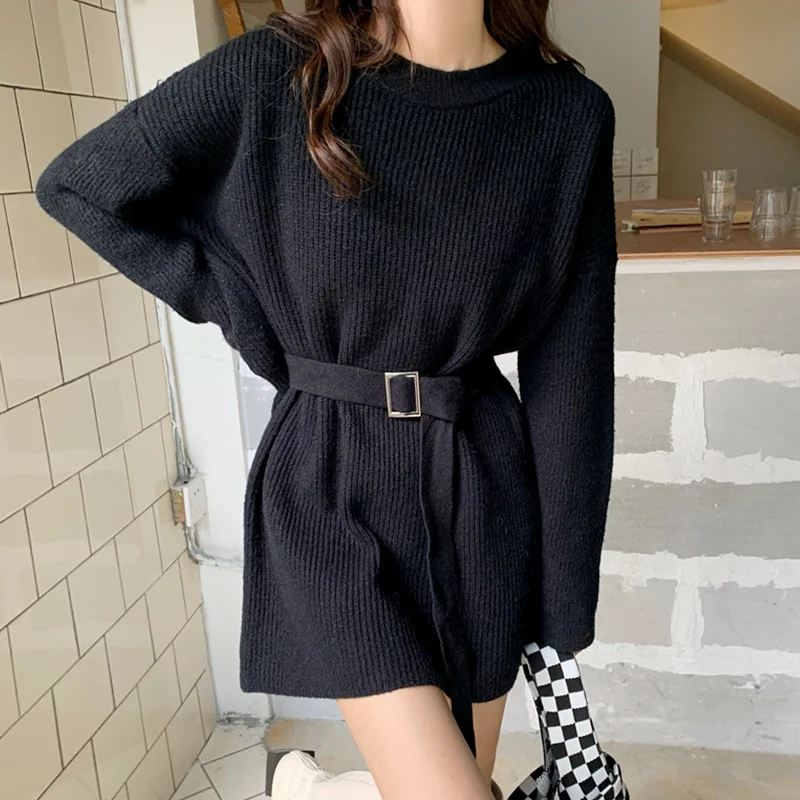 Black Waist Closing Medium Length Sweater Women's Autumn and Winter 2021 New Korean Lazy Style Loose Outer Knitted Top | Женская