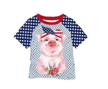 

Hot Sale Boutique Clothes Raglan Tshirt Pig Pattern Lovely Girl Hot Selling Design Kids Top Bule Color Girls Top