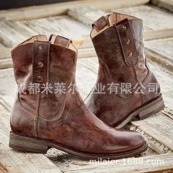 

Women's round-Toe Faux Pu Retro WOMEN'S Leather Boots Side Zipper Biker Boots Thick Wear-Resistant Semi-high Heeled WOMEN'S Shoe