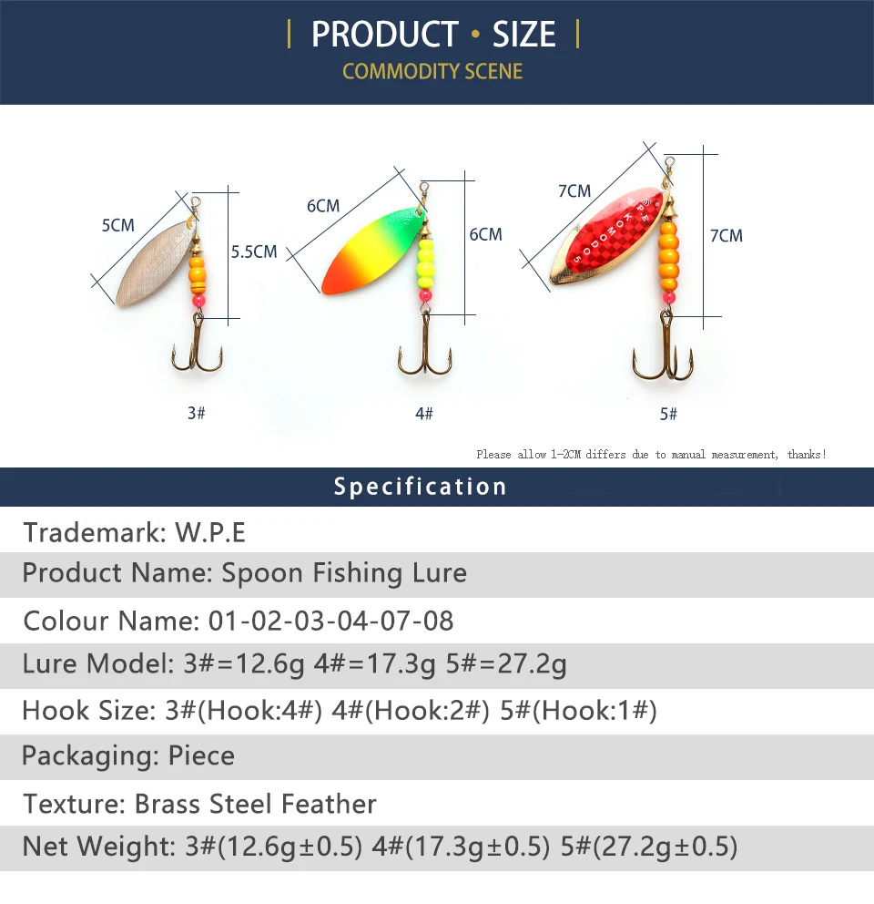 W.P.E KOMODO Spinner Lure 1pcs 12.6g/17.3g/27.2g Spoon Lure Brass Metal Fishing Lure Hard Bait Carp Fishing Pesca Pike Wobblers