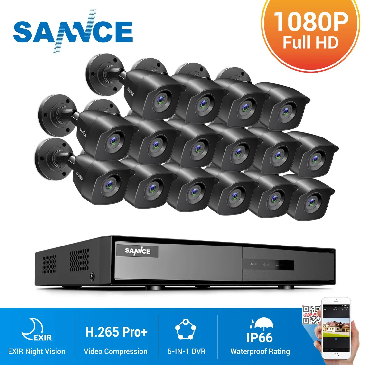 SANNCE 16CH 1080P Lite Video Security System 1080N 5IN1 DVR With 16X 1080P Outdoor Waterproof Camera