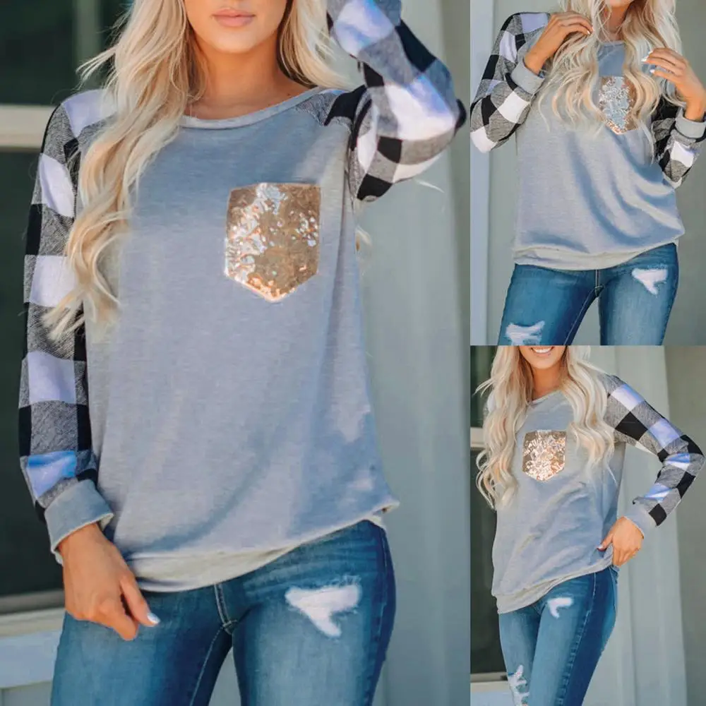 

Womens O-Neck Long Sleeves Plaid Print Sequins Splicing Blouse Easy Tops 1pc
